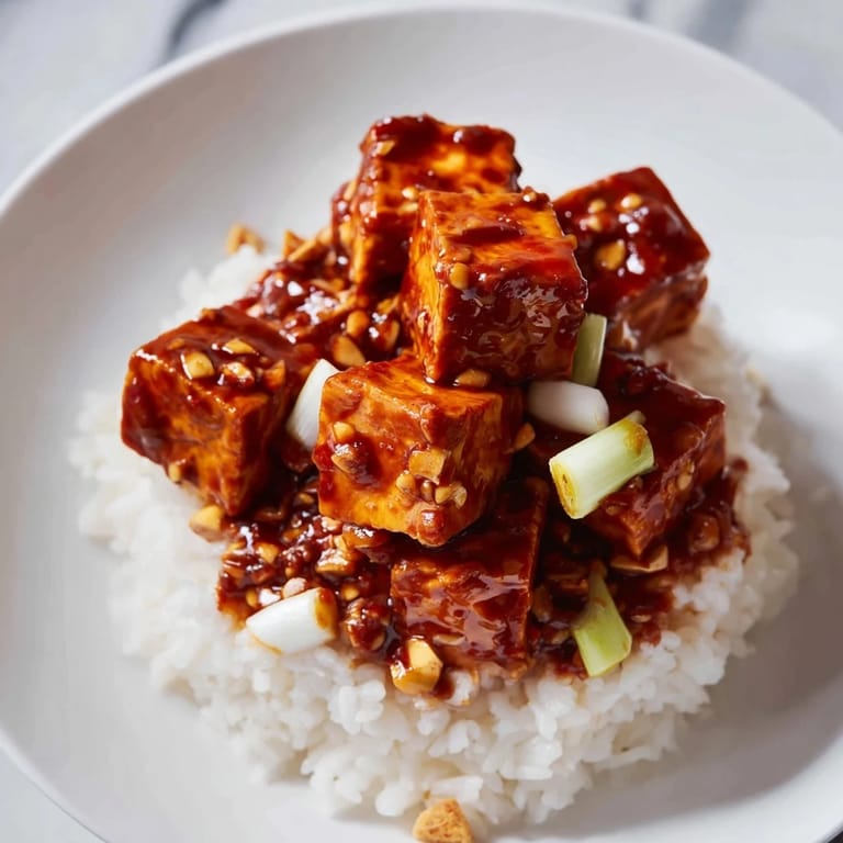 A close-up shot of Mapo Tofu, showcasing the rich, spicy chili sauce over tender tofu.