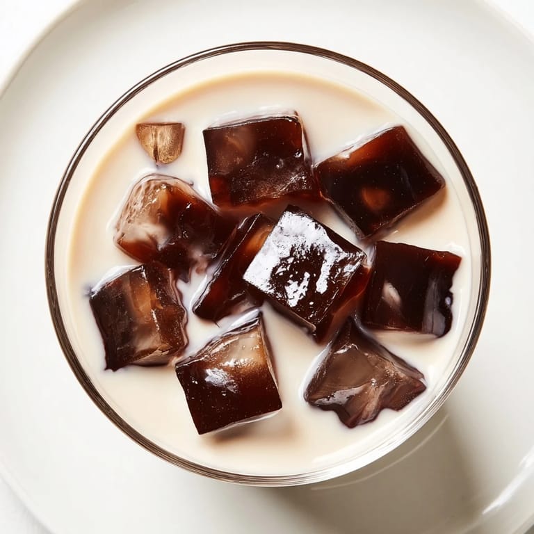 Enjoy the visually stunning Coffee Jelly Drink! Swirling coffee cubes in rich, sweet cream, delicious.