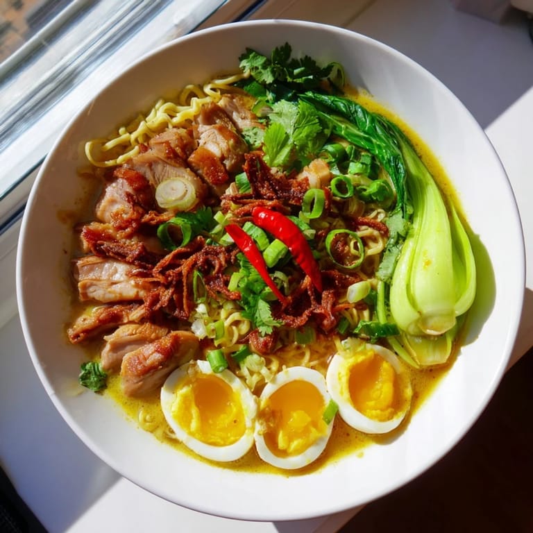 A delicious Thai Miso Ramen bowl overflowing with noodles, savory broth, and fresh toppings.