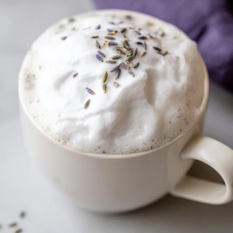 Close-up of a frothy Whipped Lavender Latte with hints of purple, a delightful homemade beverage.