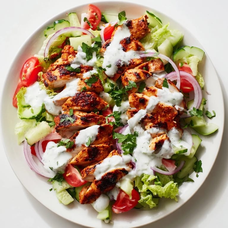 Colorful Chicken Shawarma Salad featuring charred chicken slices, diced tomatoes, cucumbers, and red onion, finished with parsley and a refreshing lemony yogurt sauce.