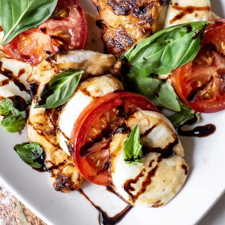 A close-up of sizzling Caprese Chicken Skillet drizzled with balsamic glaze and garnished with fresh basil.