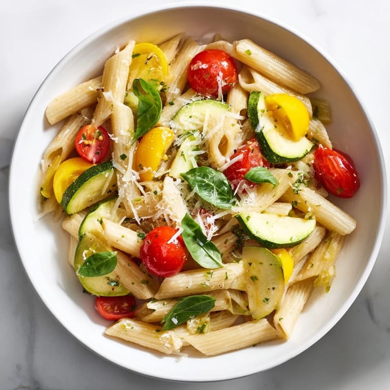 Tender Garden Veggie Pasta in a skillet with sliced zucchini and tomatoes, garnished with lemon zest and basil.