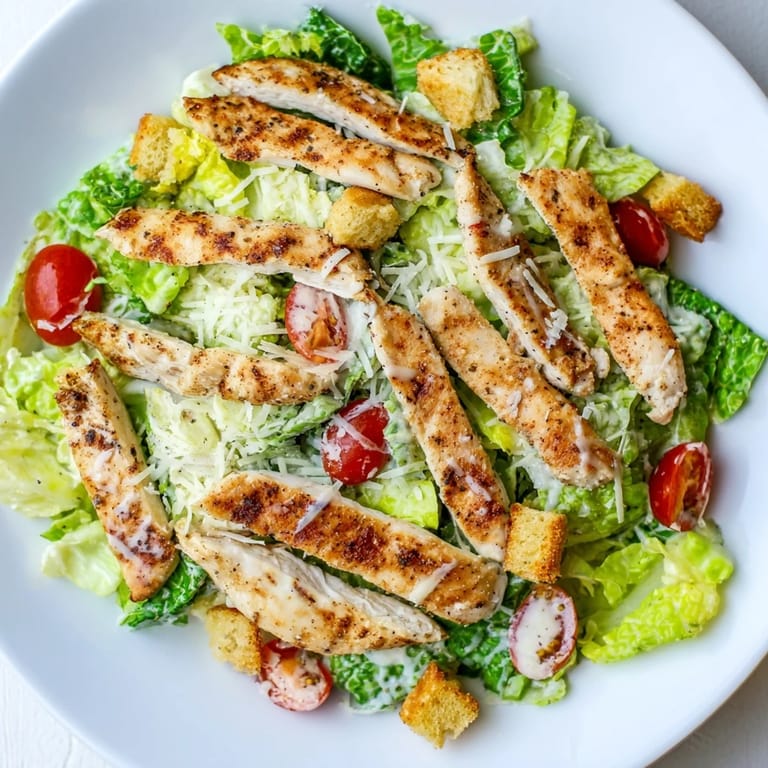 Serve the Yogurt Caesar Grilled Chicken Salad with creamy Greek yogurt dressing, crispy romaine, and croutons for a high-protein meal.