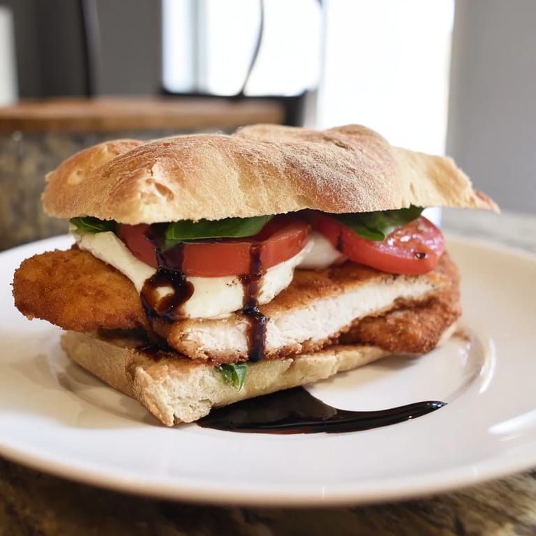 Ciabatta roll layered with golden fried chicken cutlet, ripe tomato, and melted mozzarella, drizzled with balsamic glaze for a classic Italian-American taste.