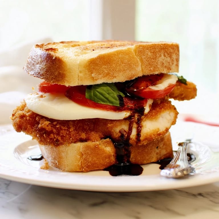 A close-up of a Crispy Chicken Caprese Sandwich, featuring juicy chicken, creamy mozzarella, and fresh basil on a rustic Italian roll.