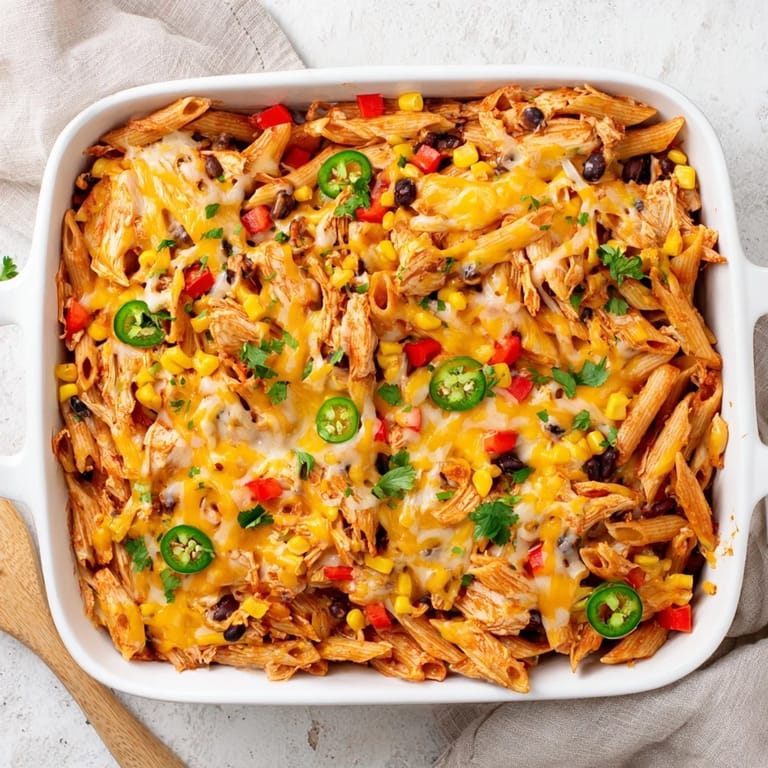 A hearty serving of Chicken Burrito Pasta Bake, topped with fresh cilantro and jalapeños.