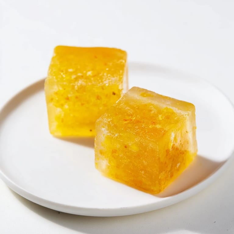 Close-up of translucent wellness cubes with lemon zest and spice specks, ready to dissolve into warm water or a morning smoothie.
