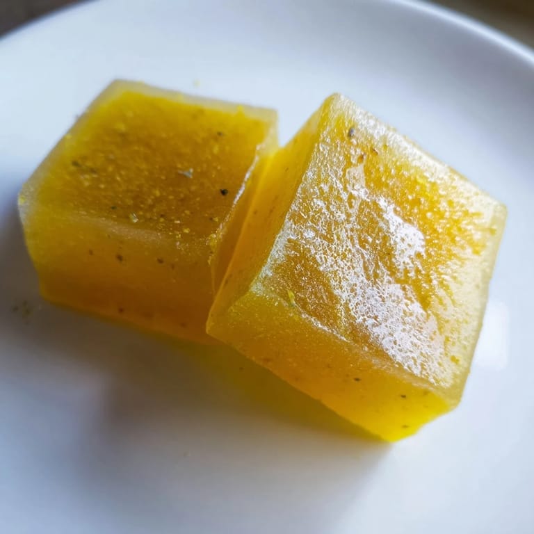 Freshly made wellness shot cubes, glowing with turmeric and ginger, perfect for adding a refreshing anti-inflammatory boost to your day.