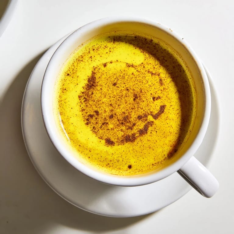 A warm mug of golden milk made with turmeric and ginger, its vibrant yellow hue glowing in soft morning light.