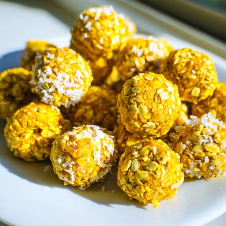 Homemade Ginger Turmeric Energy Balls with visible oats and cashews, displayed in a glass jar for easy snacking during a busy afternoon.
