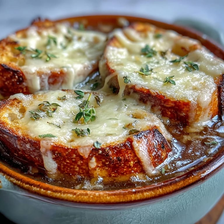 Hearty Dutch oven French onion soup with toasted baguette and rich broth.