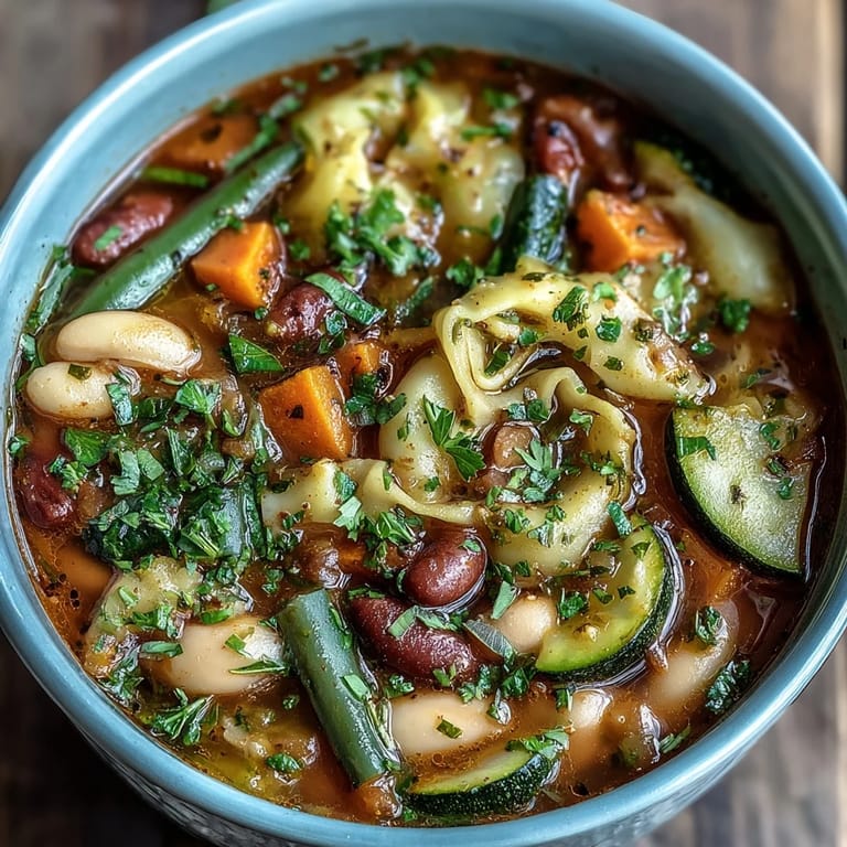 Comforting bowl of minestrone soup, showcasing fresh vegetables and Italian herbs.