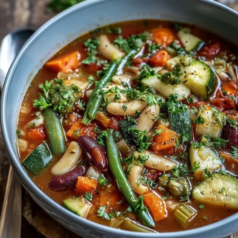 Warm bowl of flavorful minestrone soup, topped with Parmesan and fresh parsley.