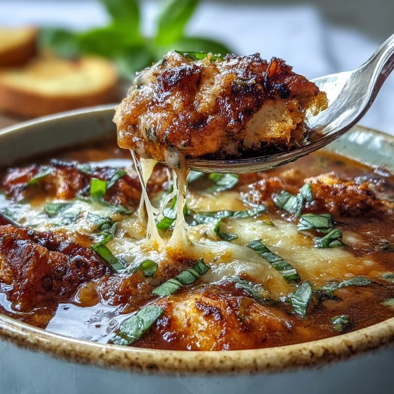 Steaming bowl of comforting grilled chicken parmesan soup topped with croutons.