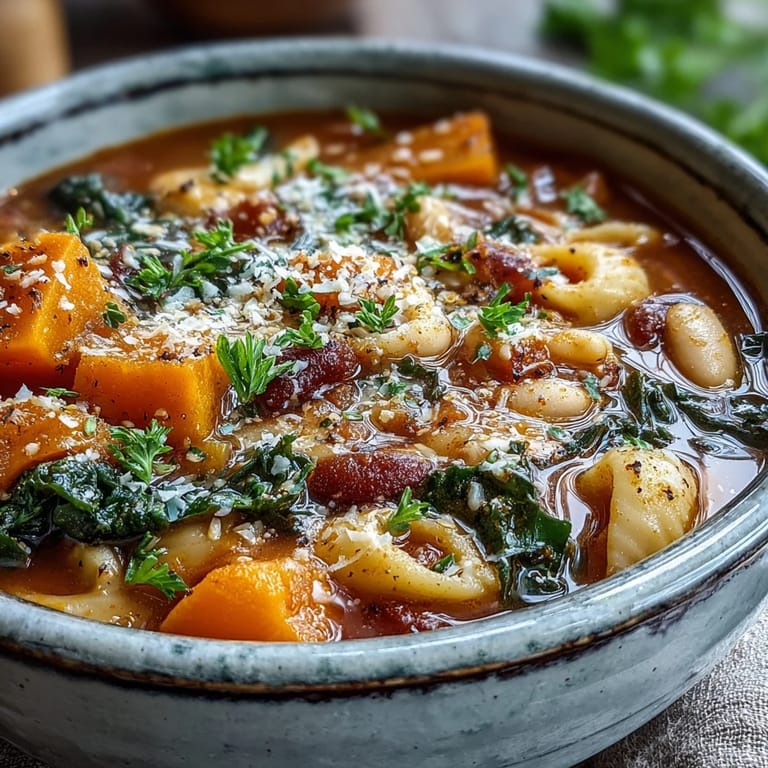 Hearty Winter Minestrone Soup With Butternut Squash and Kale paired with crusty bread, perfect for chilly evenings.