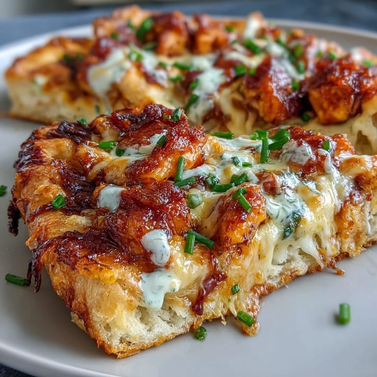 Sliced Buffalo Chicken Pizza on a rustic wooden board, drizzled with ranch dressing and topped with fresh green chives for color.