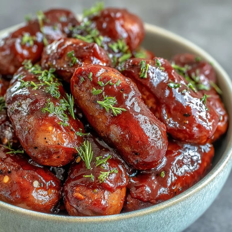 Tender smoked sausages simmering in sweet and tangy barbecue sauce in a slow cooker for game day.
