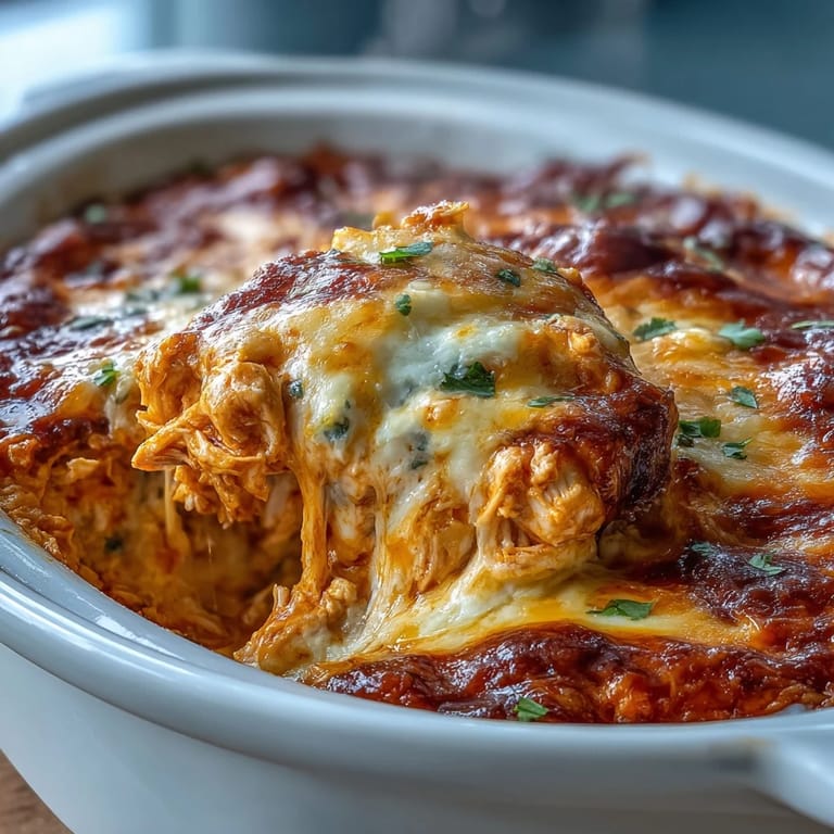 Warm, spicy Crock Pot Buffalo Chicken Dip in a slow cooker, topped with extra cheese and fresh scallions.