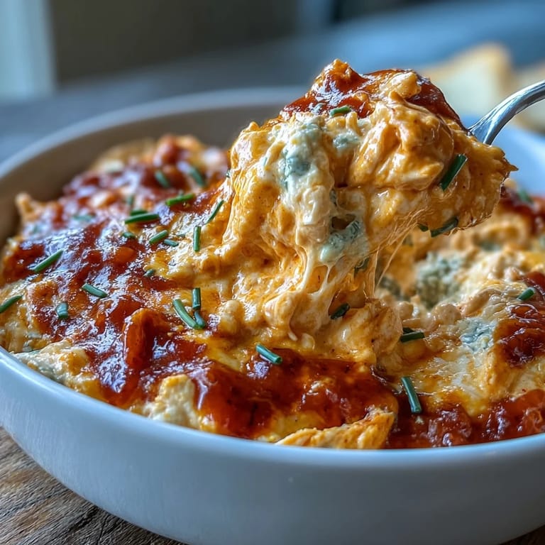 Hearty Crock Pot Buffalo Chicken Dip with shredded chicken and buffalo sauce, ready to scoop with carrot sticks and crackers.