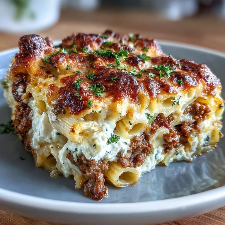 Fluffy cottage cheese and melted mozzarella blanket penne and beef in this hearty Cottage Cheese Protein Pasta Bake.