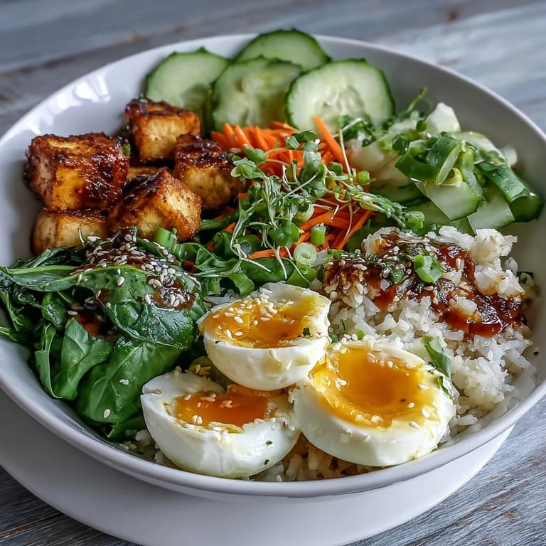 Colorful Tofu Jammy Egg Breakfast Bowl features crisp cucumber, carrots, spinach, sesame seeds, and a drizzle of zesty ginger sauce.