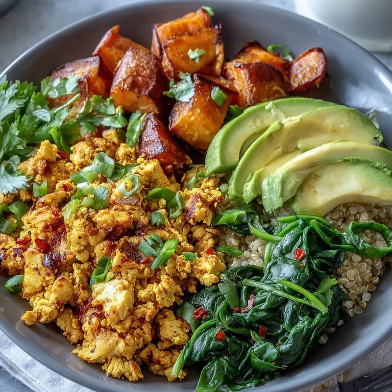 A nourishing Tofu Scramble Vegan Breakfast Bowl plated with colorful roasted sweet potatoes and creamy avocado for a healthy start.