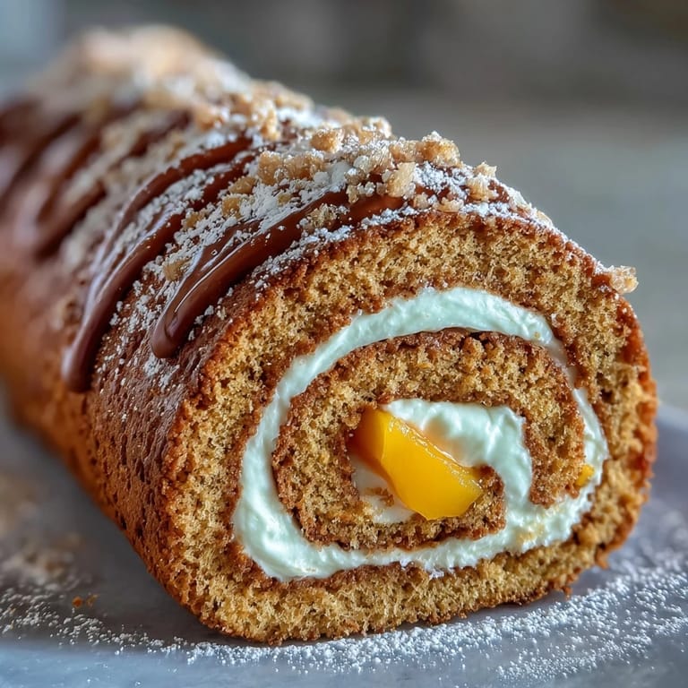 Freshly sliced Hojicha Roll Cake showing the soft sponge and mango ribbons, ready for a dessert platter.