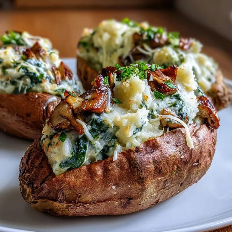 Warm Creamy Mushroom and Spinach Stuffed Sweet Potatoes served alongside a crisp green salad on a rustic table.