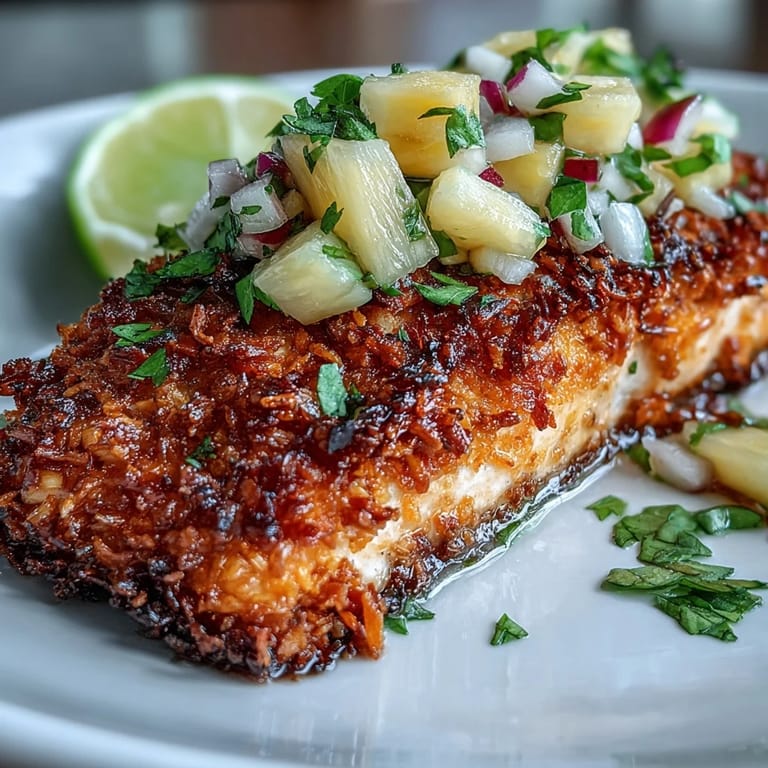 Crisp coconut panko crusted salmon resting on a bed of pineapple salsa, red onion, and cilantro for a vibrant meal.