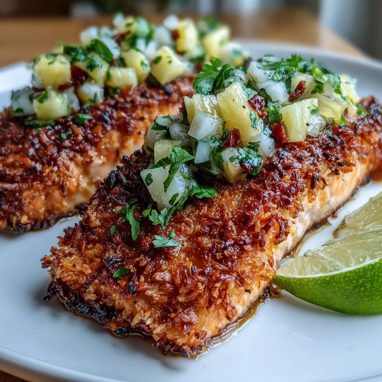 Pan-seared coconut crusted salmon with juicy pineapple salsa garnish, ready to serve with lime on a rustic plate.