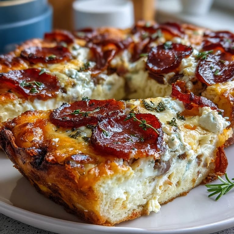 A whole pan of High-Protein Pizza Breakfast Casserole featuring bubbly cheese, turkey pepperoni, and diced bell peppers.