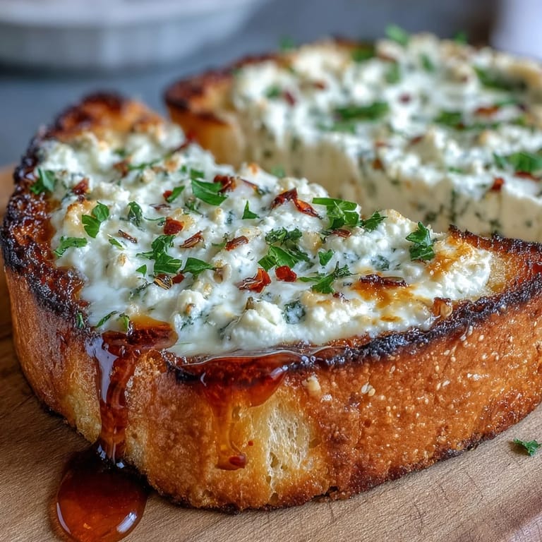 Sliced Hot Honey Ricotta Garlic Bread showing the creamy ricotta-garlic filling, perfect for sharing at a dinner party.