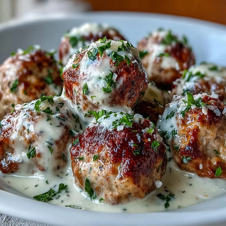 Golden brown Creamy Garlic Ranch Turkey Meatballs simmering in a luscious white sauce with fresh parsley garnish.