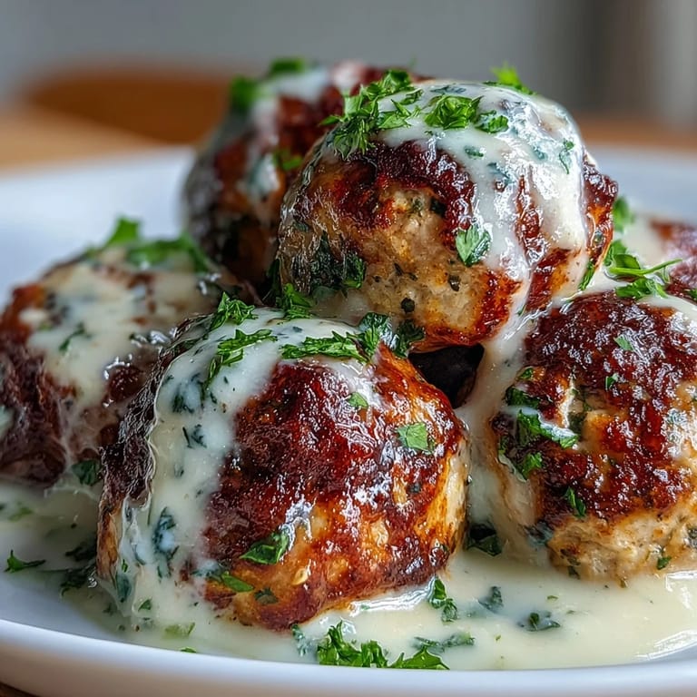 Family-style bowl of Creamy Garlic Ranch Turkey Meatballs paired with pasta, showcasing the thick, savory ranch-seasoned coating.