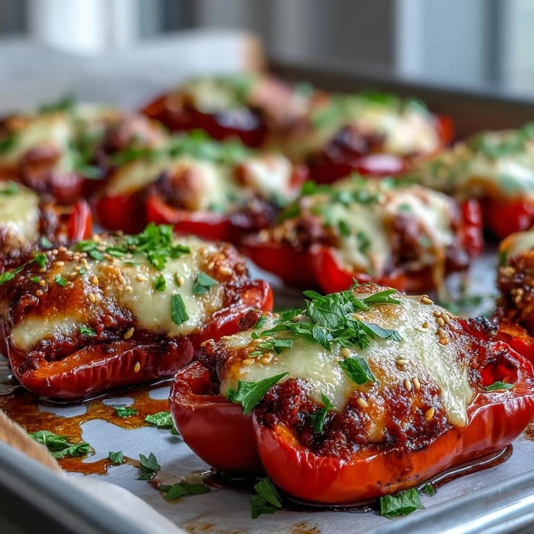 Golden mini peppers filled with spicy Korean turkey, garnished with green onions and sesame seeds.