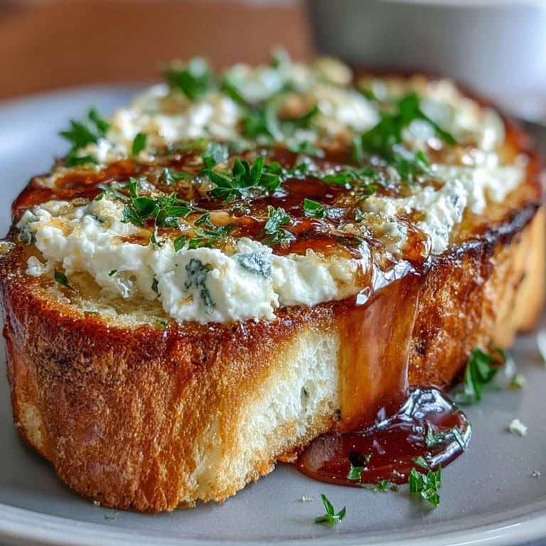 Close-up of Hot Honey Ricotta Garlic Bread, highlighting melted Parmesan and buttery, crisp baguette edges.