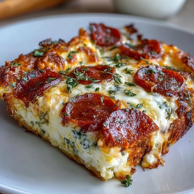 A slice of the savory High-Protein Pizza Breakfast Casserole reveals fluffy eggs on a yogurt dough crust.