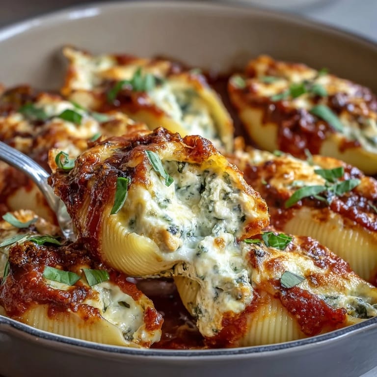 Tender jumbo pasta shells stuffed with creamy pesto chicken filling, served with marinara sauce on a rustic table.