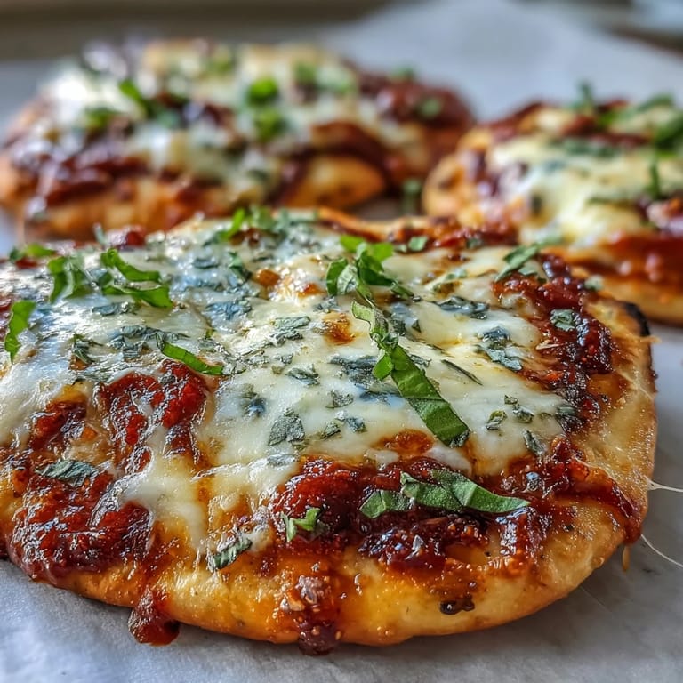 Warm Garlic Naan Margherita Pizzas are sliced into wedges, revealing a rich marinara layer beneath fresh, green basil ribbons.