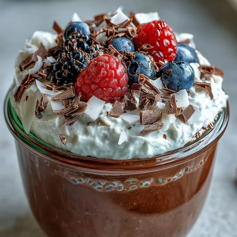 A spoon dives into creamy Vegan Chocolate Chia Pudding Parfaits topped with shaved chocolate and toasted coconut flakes.