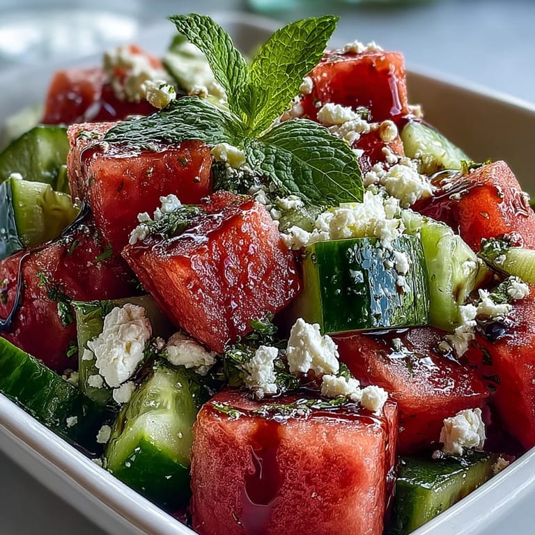 Bright Mediterranean salad featuring sweet watermelon, crisp cucumbers, and salty feta cheese, garnished with fresh mint leaves and olive oil. This Watermelon Feta Cucumber Salad with Balsamic Glaze is perfect for hot days.