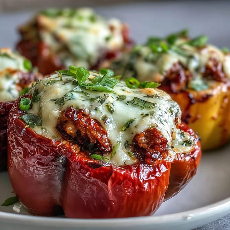 Twelve mini peppers are filled with savory Korean-spiced ground turkey, garnished with fresh green onions and sesame seeds for a flavorful appetizer.