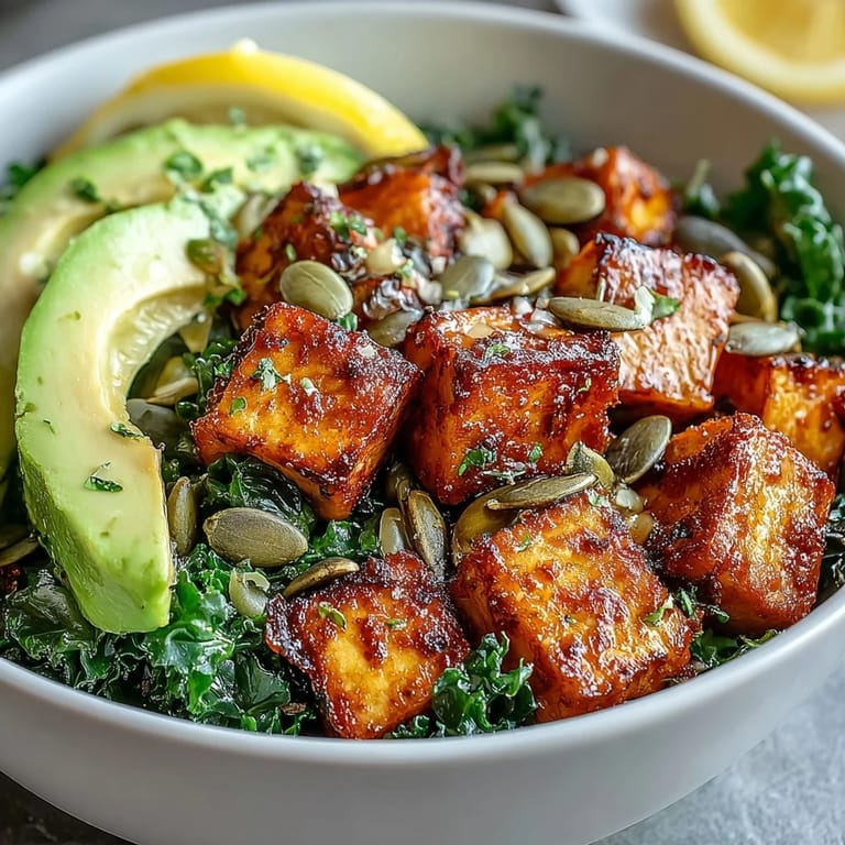 Protein-packed tofu and kale breakfast bowl with creamy avocado, nutritional yeast, and a squeeze of lemon for a nourishing morning meal.
