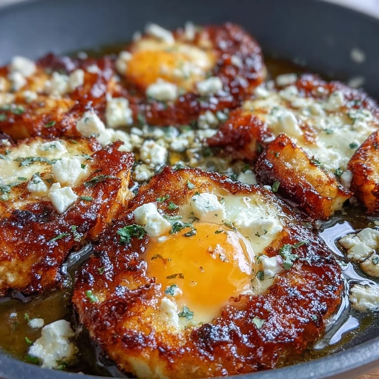 Fluffy fried eggs rest on a bed of crunchy, golden feta cheese, perfect for a savory breakfast or brunch.