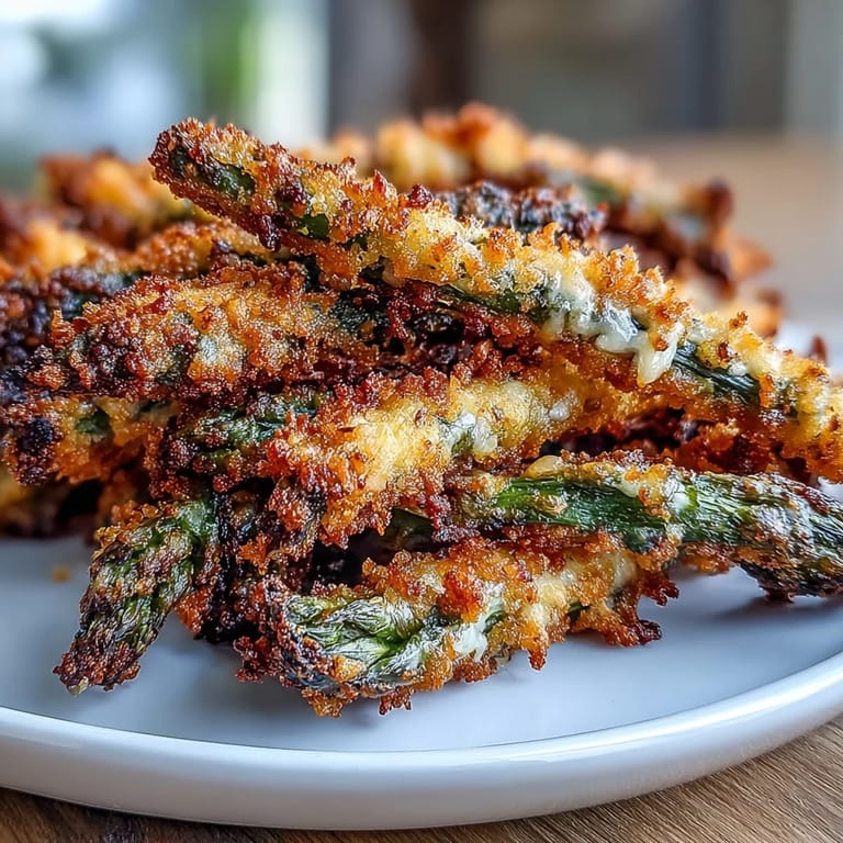 Oven-baked asparagus spears coated in chili-garlic breadcrumbs for a crunchy, spicy appetizer.  