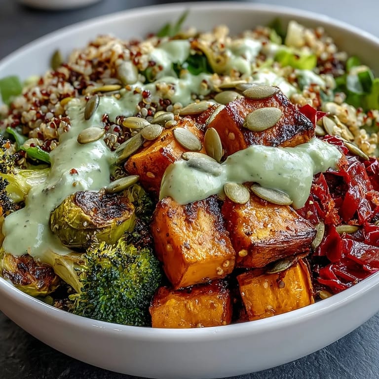 Nourishing plant-based bowl featuring smoky roasted veggies, fluffy quinoa, and rich green goddess avocado dressing.