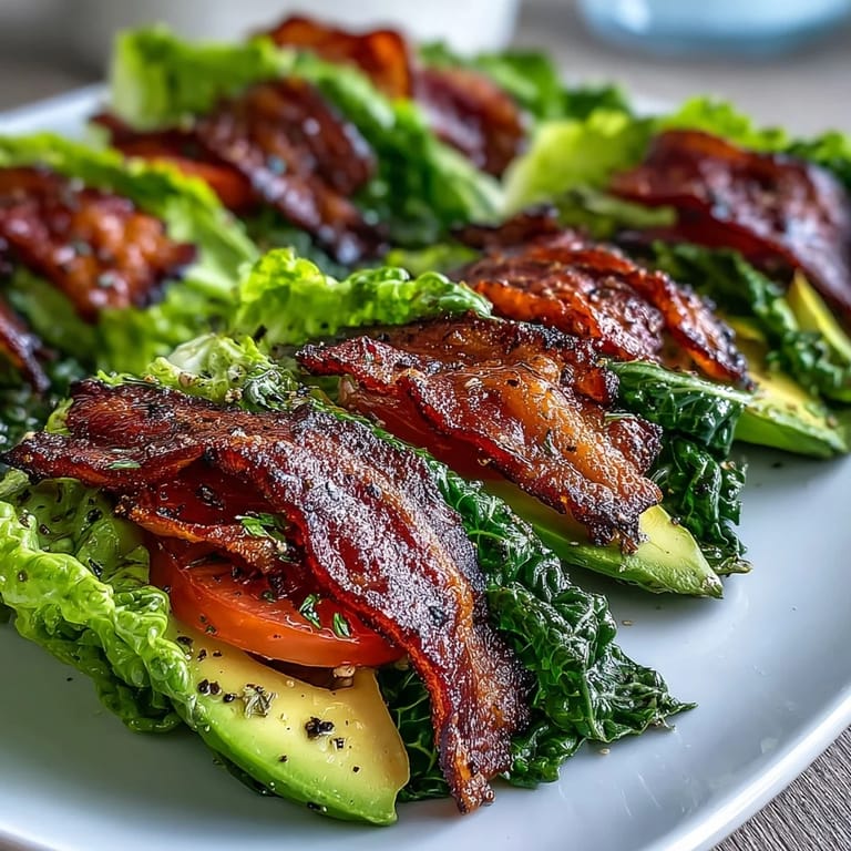 Low-carb Keto BLT lettuce wraps layered with smoky bacon, avocado, and garlic mayo, seasoned with cracked black pepper.  