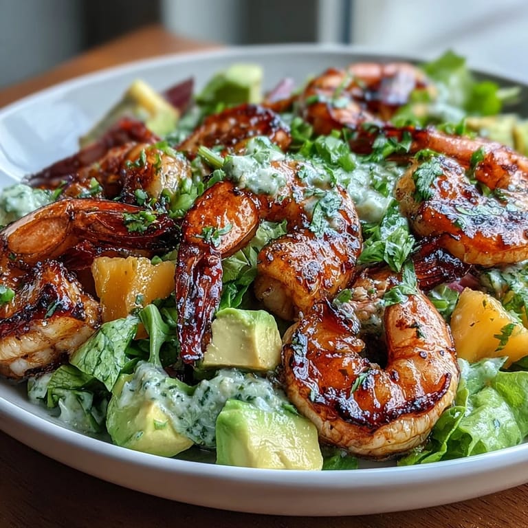 Colorful summer salad featuring juicy grilled shrimp, ripe mango, and creamy avocado on mixed greens with a zesty chili-lime dressing.  