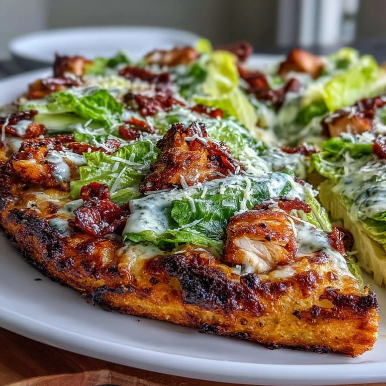 Protein-packed pizza alternative with a golden chicken crust layered with romaine, creamy Caesar dressing, and tangy sun-dried tomatoes.  